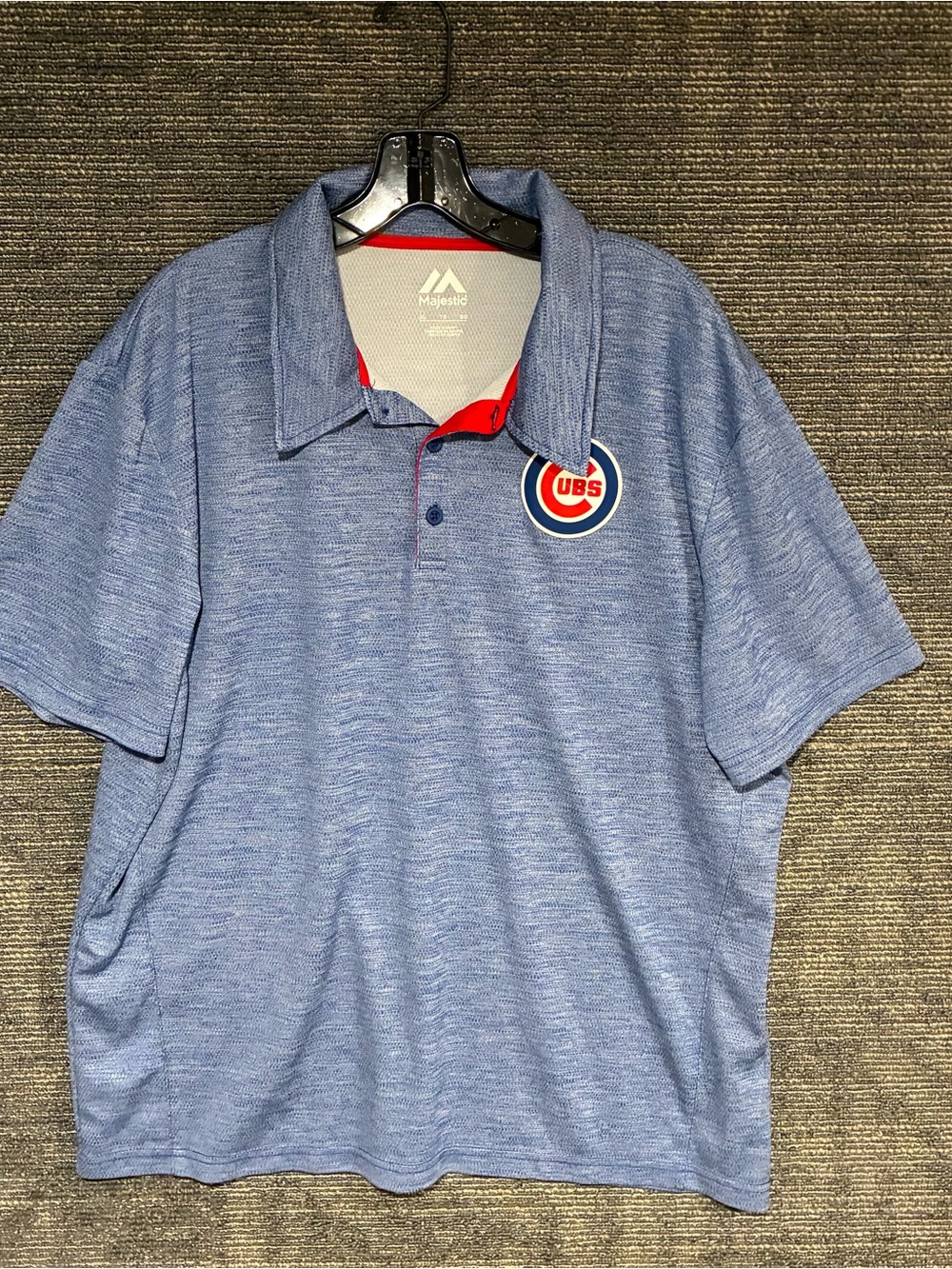 Majestic Heather Light Blue Chicago Cubs Polo with Red Trim